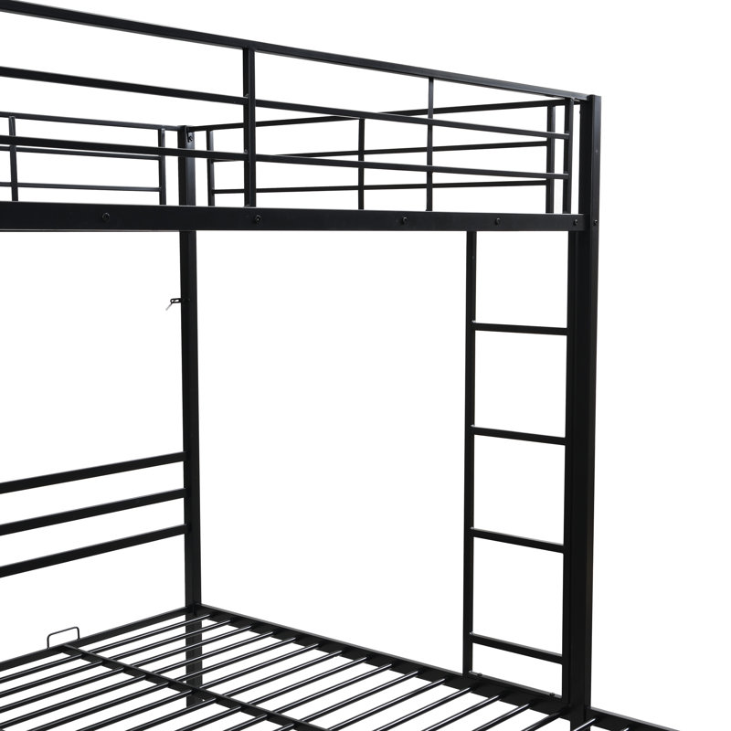Lit superposé double au-dessus d'un lit double en métal avec barrière verticale, barrière, garde-corps à quatre côtés et tablette pour utilisation familiale, rangement triple noir