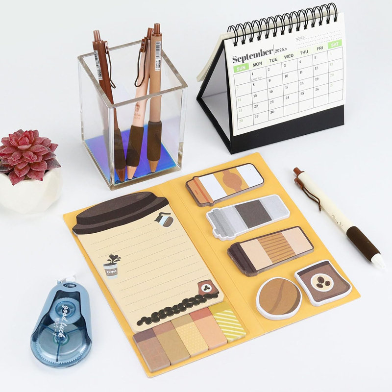 Coffee Sticky Notes Set With 4-Piece Gel Pens Bundle, Cute Writing Memo Pad Sticky Notes Pads To Do Notepad For School Office Home (Coffee)
