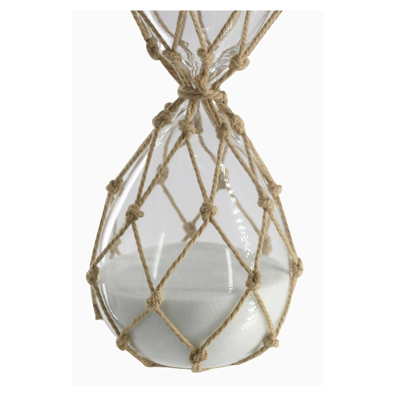 Minuterie transparente en forme de sablier 30 minutes avec sable blanc et filet de coton brun clair - 3,4 po x 8,2 po