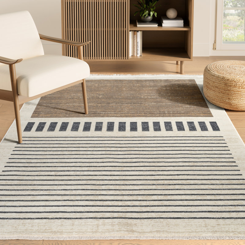 Abani Rugs Austin AUS130A Modern Ivory Brown Black Striped Block Pattern Minimalist Area Rug, Rectangle 5'3" x 7'10"