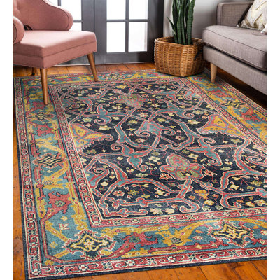 Tapis oriental rectangulaire en laine noué à la main bleu / jaune / rose