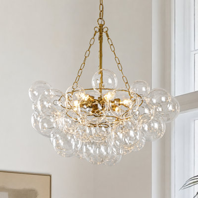 Lustre 6 lumières en laiton avec globe en verre transparent, plafonnier à bulles 25 pouces Mid-Century
