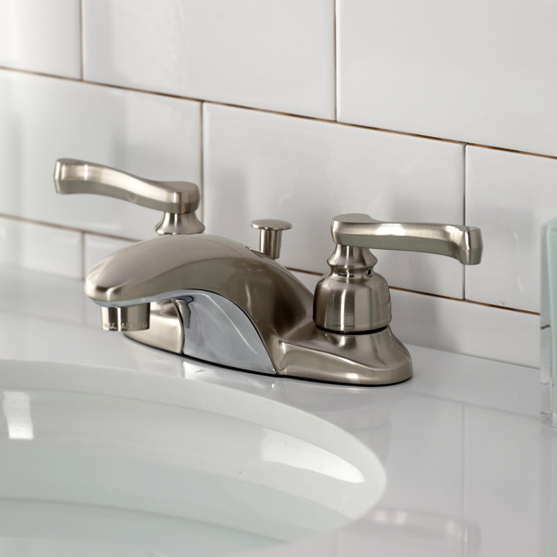 Kingston Brass Magellan Two-Handle 3-Hole Deck Mount 4" Centerset Bathroom Faucet with Plastic Pop-Up, Brushed Nickel