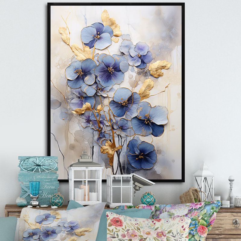 «Blue and Gold Minimalisme Violets II», reproduction sur toile, Cadre flottant noir, 20" H x 12" W