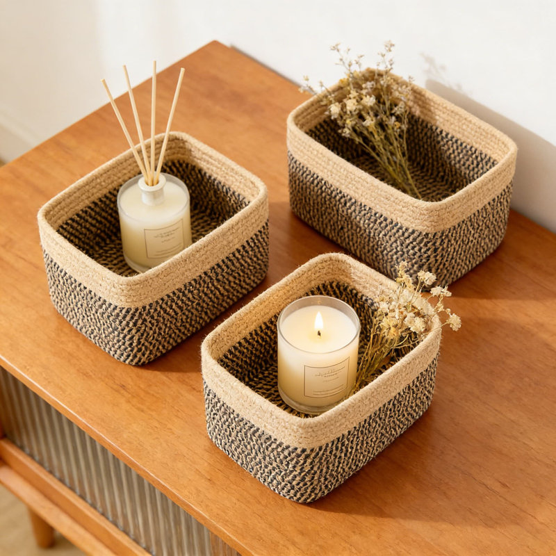 Panier de rangement en corde de coton tissé à la main, organisateur polyvalent pour la salle de bain, la chambre à coucher, le placard et la tablette avec une conception robuste et pliable