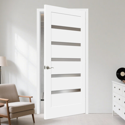 80" Primed 5-lite Small Frosted Glass Solid Wood Slab Door Without Frame And Hardware Kit
