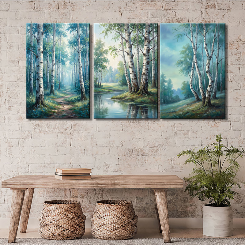 Spring Birch Forest Stream Landscape - ensemble de 3 impressions sur toiles tendues avec châssis de qualité supérieure