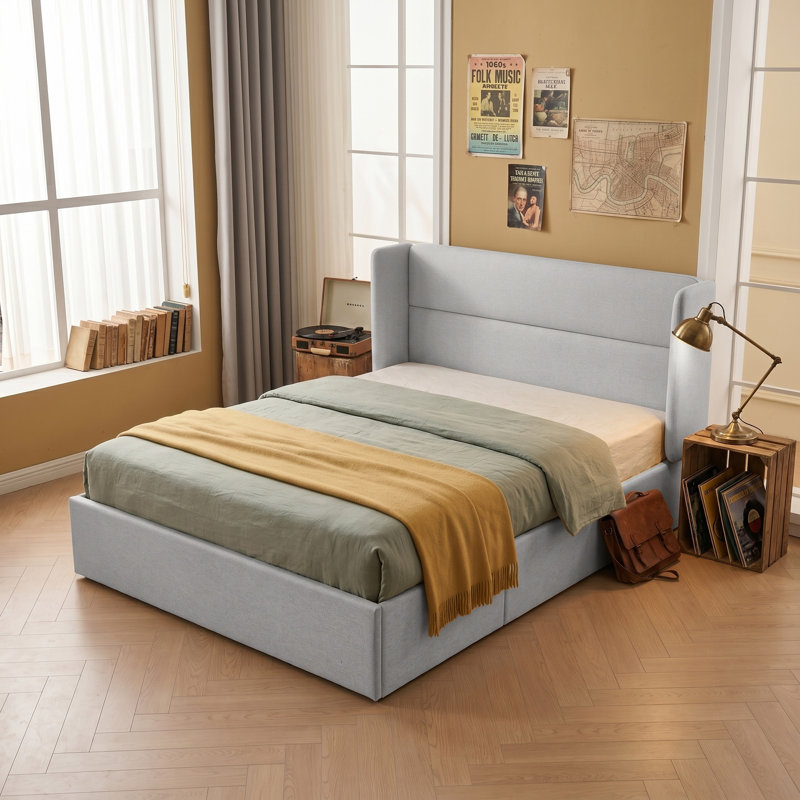 Lit plateforme tapissier avec rangement Gaillarde, Double, Blanc grisâtre