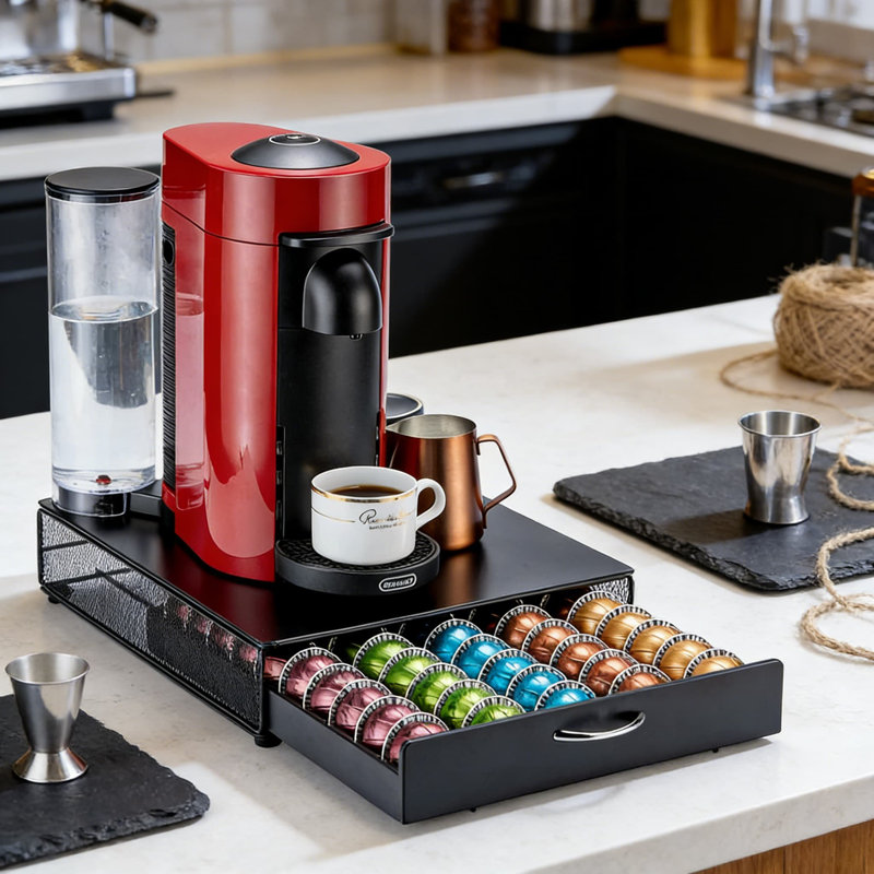 Porte-dosette et organisateur Nespresso Vertuo avec tiroir coulissant, support en métal moderne pouvant contenir 50 capsules de café pour les machines Vertuo Suite, Plus et Evoluo