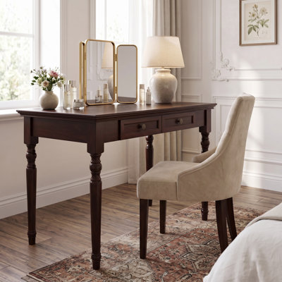 47" Solid Wood Office Desk with 2 Drawers, French Country Writing Desk in Walnut Finish