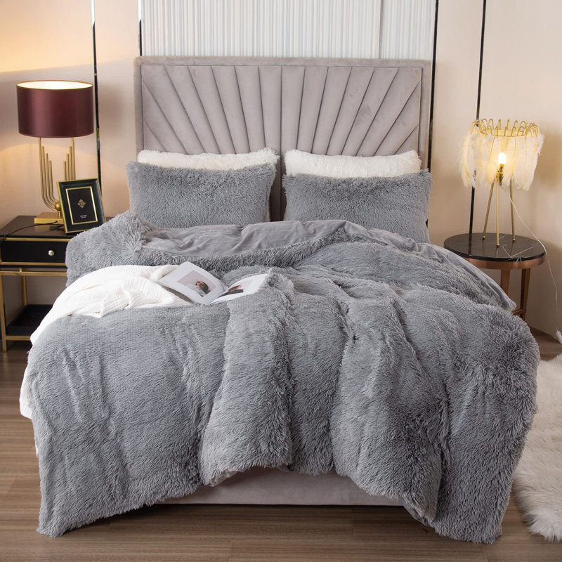 EMME Plush Shaggy 2/3pcs Duvet Cover Set Luxury Fuzzy Comforter Cover Set Bedding Set, Gray