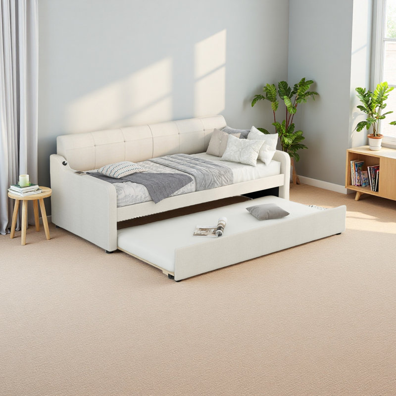 Twin Size Upholstery Daybed With Trundle And USB Charging Design,Trundle Can Be Flat Or Erected, Beige