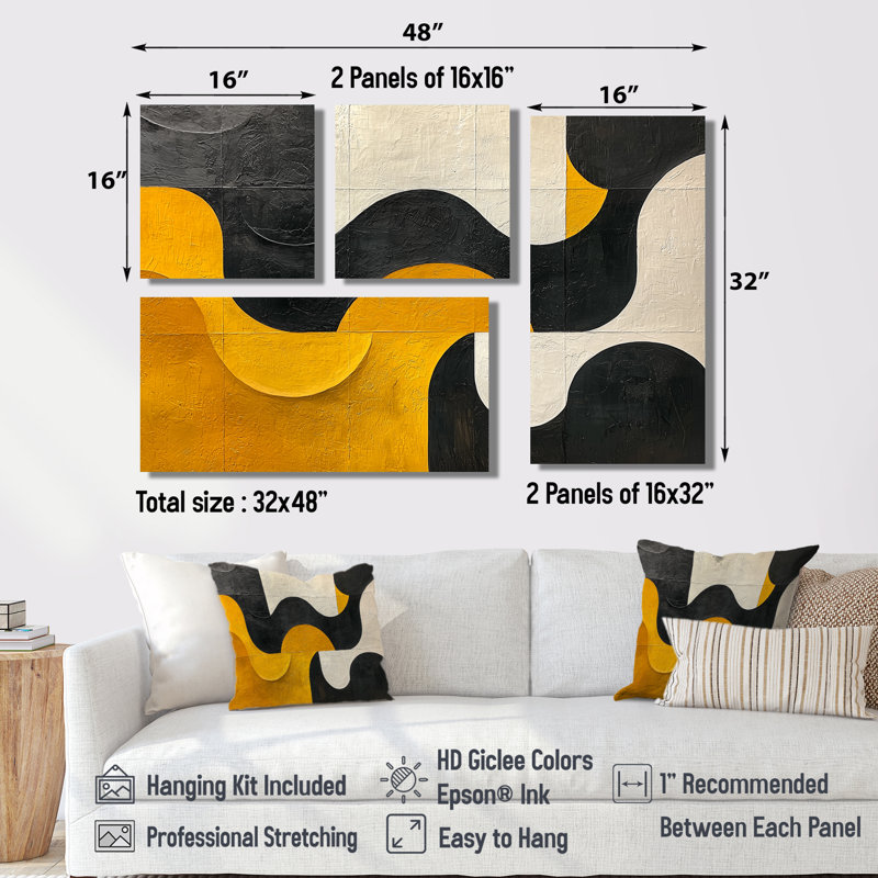 Gray Abstract Shapes Reflections I - Art mural abstrait grand 4 pièces, Noir, Impression encadrée sans passe-partout