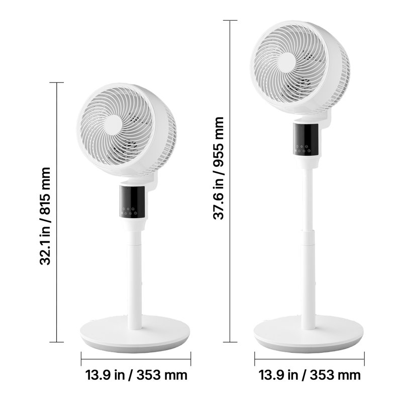 Ventilateur sur pied 9 pouces avec moteur à courant continu, télécommande, 9 vitesses et 4 modes, hauteur réglable 32,1 à 37,6 po, blanc