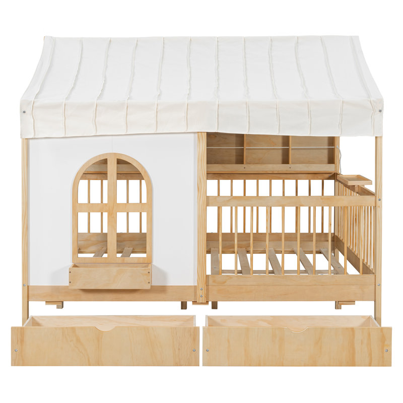 Lit double pleine grandeur avec 2 tiroirs de rangement, bibliothèque latérale et bande lumineuse à DEL pour enfants et adolescents - Naturel