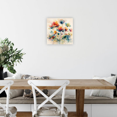 24" X 24" Beige Colorful Watercolor Wildflower Bouquet Canvas Wall Art Decor