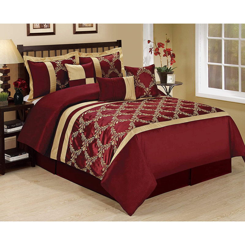 7 Piece Comforter Set Faux Silk Fabric Embroidered Bed in A Bag - Breathable and Wrinkle Resistant - 1 Comforter, 2 Shams, 3 Decorative Pillows, 1 Bedskirt
