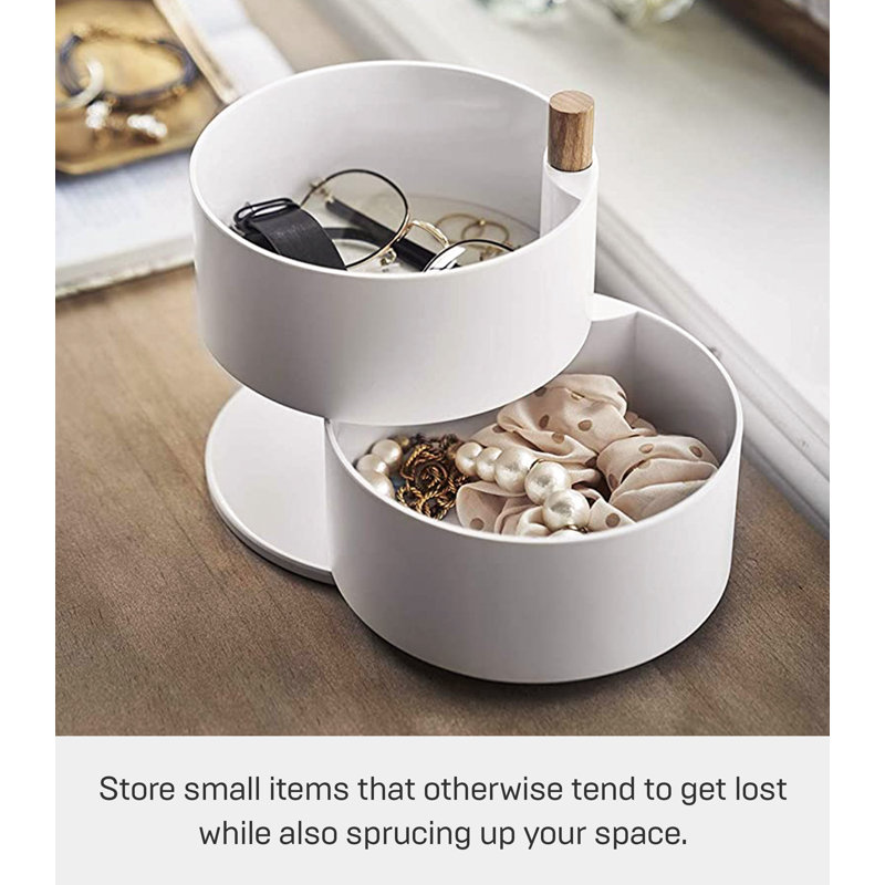 Large White Plastic and Wood Rotating Jewelry Organizer