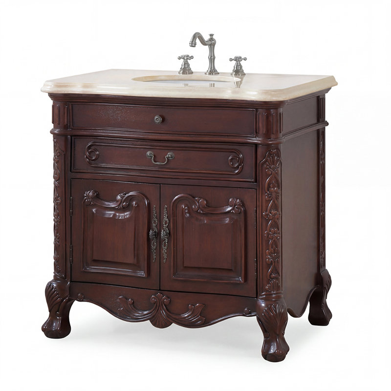 36 Inch Mahogany Wood Classic Style Madison Cream Marble Countertop Bathroom Sink Vanity, Cream Marble