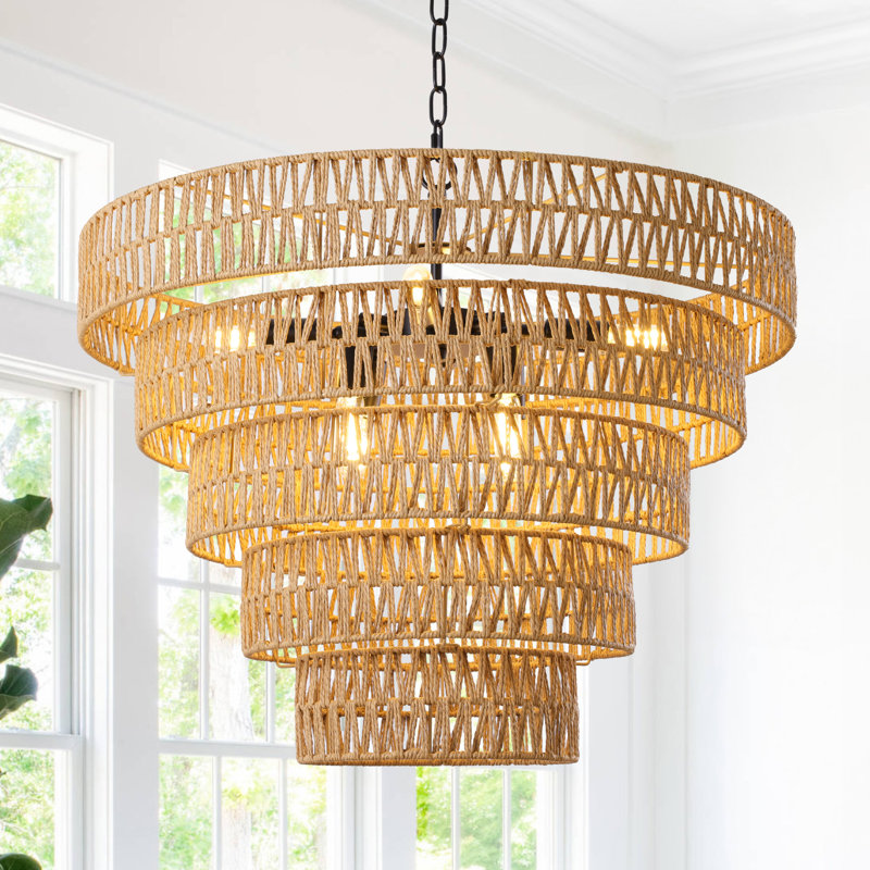 Caytlen 8-Light Dimmable Hand-Woven Rattan Tiered Chandelier