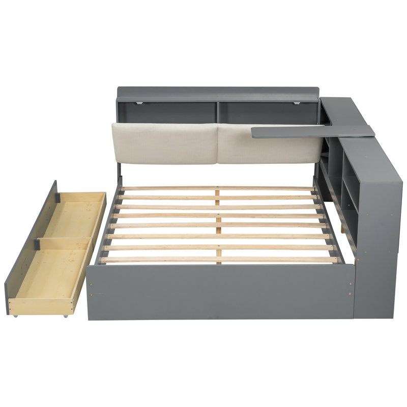 Lit plateforme en bois avec tête de lit avec rangement, tablettes et 2 tiroirs, Double, Gris