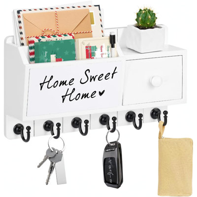 Wooden Mail and Key Organizer with White Board Key Rack with Drawer, Small Shelf