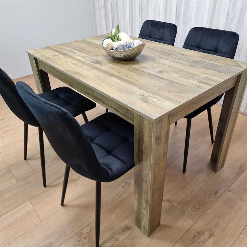 Dining Set of 4 Dining Table and 4 Velvet Chairs Dining Room Furniture, Black, 75cm H x 117cm W x 77cm D