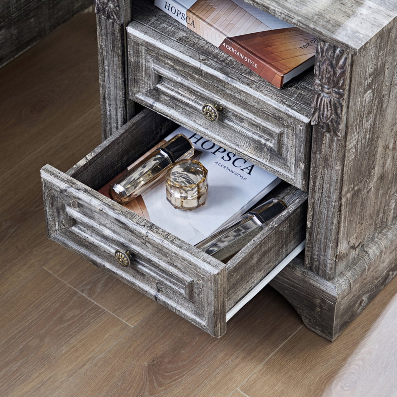 Rustic 20" Wood Nightstand With Charging Station – 2 Drawers, Carved Pilasters & Usb/ac Outlets For Bedroom/living Room