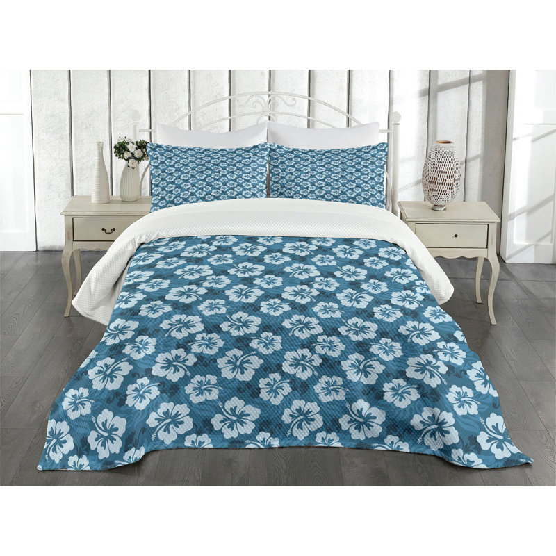 Petrol Blue and Pale Blue Hawaiian Queen Bedspread Set