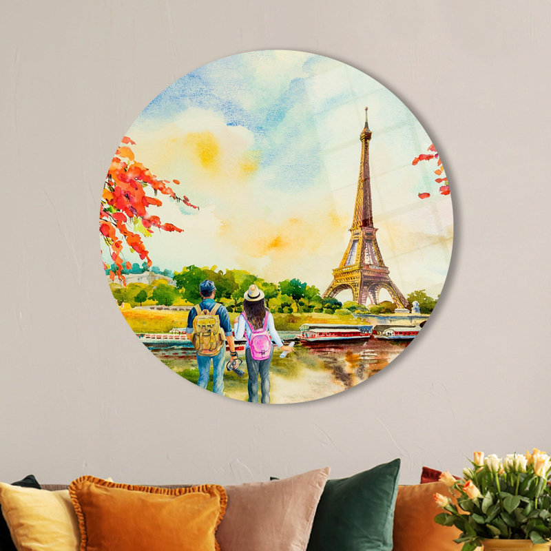 Art mural romantique en verre trempé mettant en vedette des amoureux regardant la Tour Eiffel, idéal pour un cadeau réconfortant