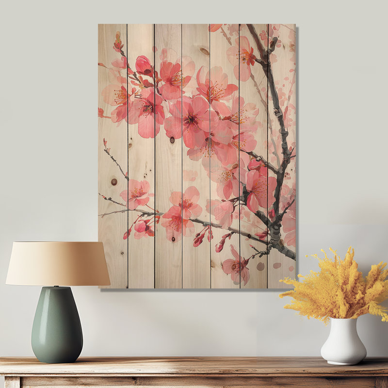 «Pink Cherry Blossoms Summer Embrace I», impression sur bois de cerisier en fleurs sur bois de pin naturel
