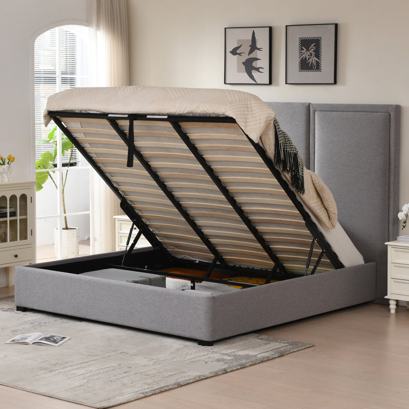 Upholstered Storage Bed With Oversized Headboard, Gray, King