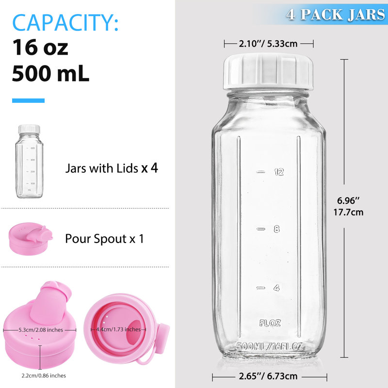 Contenants pour bouteilles de lait en verre de 4 oz avec 4 becs verseurs, pots de lait de qualité alimentaire transparents 4Pack