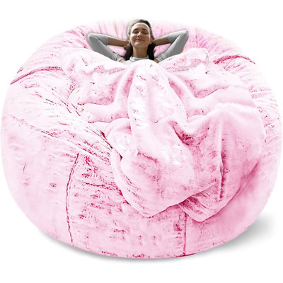  6Ft Bean Bag Chair Cover – Soft Fluffy PV Velvet Sofa Bed Cover, Round Washable Lazy Sofa Slipcover For Living Room & Bedroom, Snow Pink
