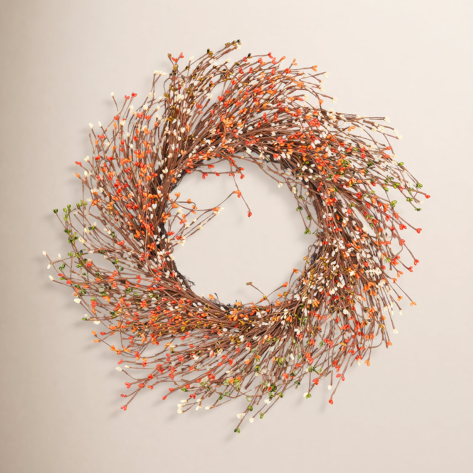 24" Handcrafted Twig, Berry Thanksgiving Wreath, Orange