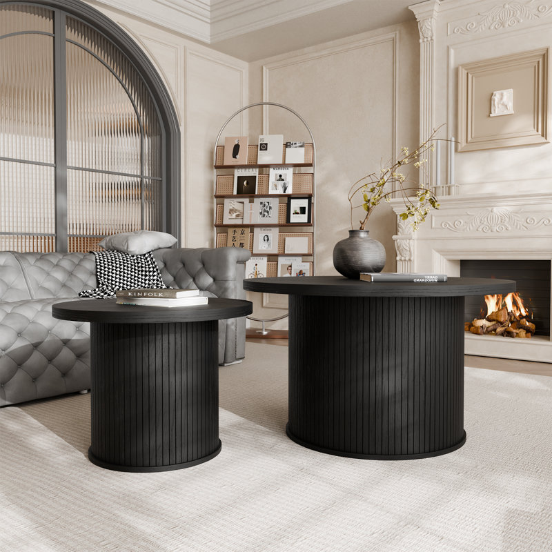 Tambour Design Round Coffee Table with Storage, Black, 17.7" H x 23.6" L x 23.6" W