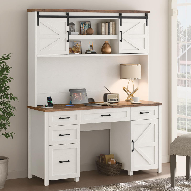 67''H Executive Desk With Hutch & 5 Drawers, Brown/White