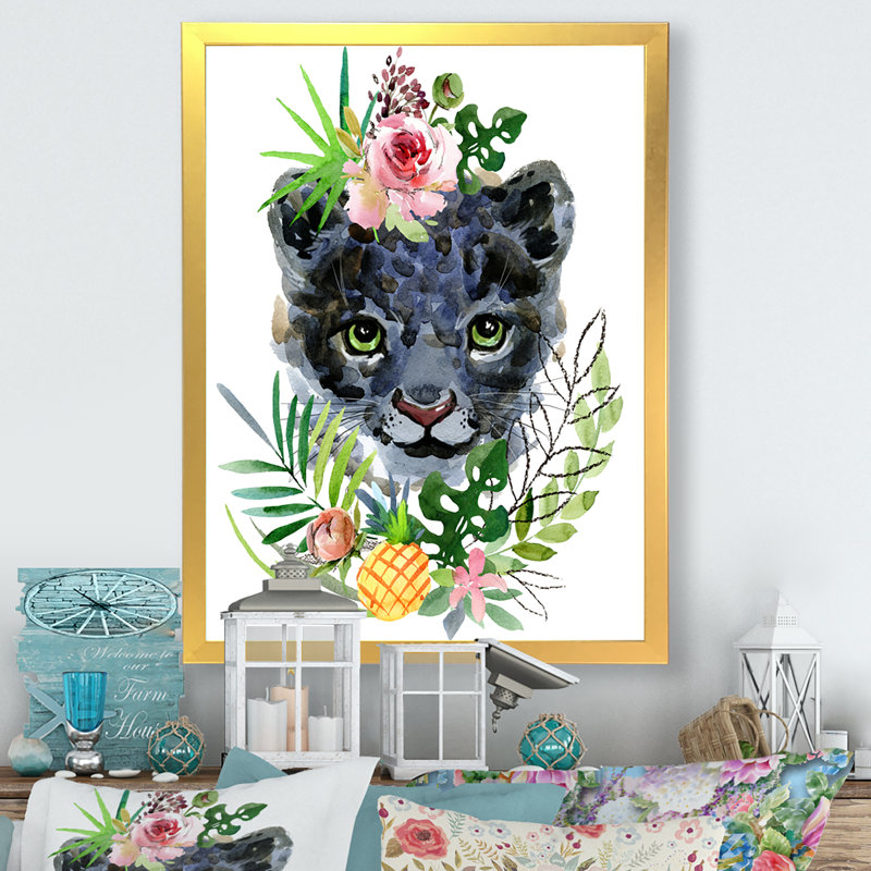 «Cute Tropical Panther Portrait», reproduction d'art sur toile, H 40 po x l 30 po x P 1,5 po, Cadre photo doré