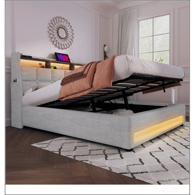 Upholstered Platform bed with a Hydraulic Storage System, LED and USB Charging, Natural, Full/Double