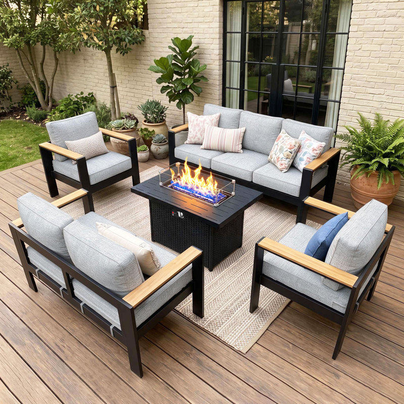 5 Pieces Outdoor Aluminum Furniture Set With Fire Pit Table For Outside Patio, Modern Patio Conversation Chat Set, Light Gray