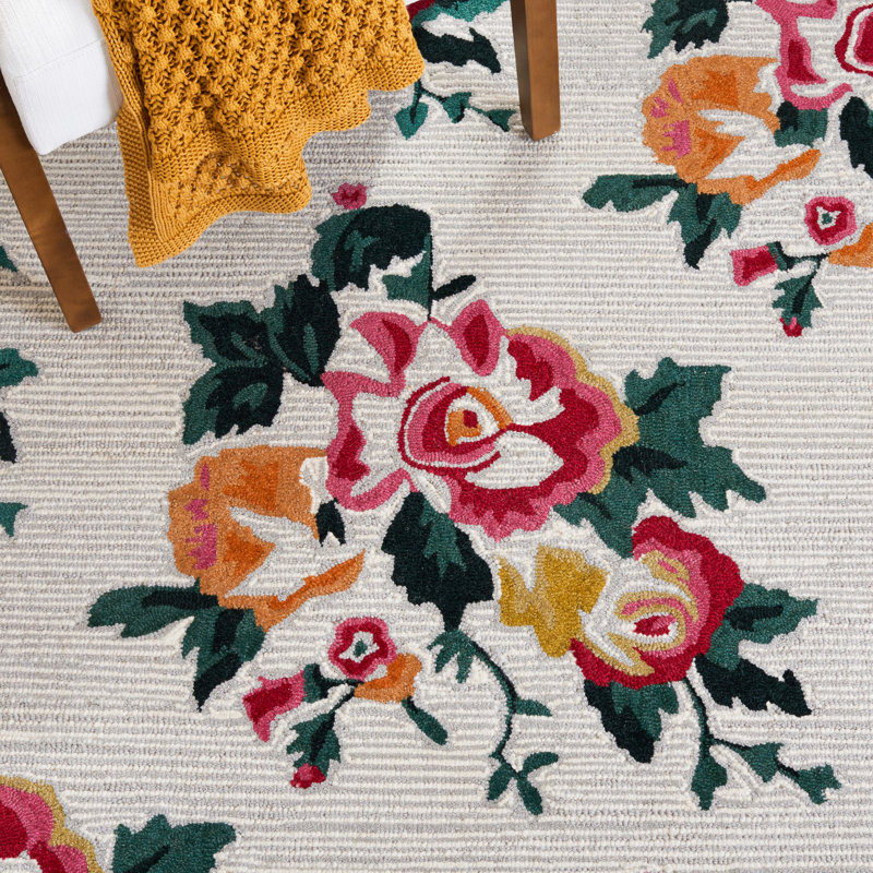 Akyrie Floral Handmade Tufted Wool Ivory/Red Area Rug, Square 6'
