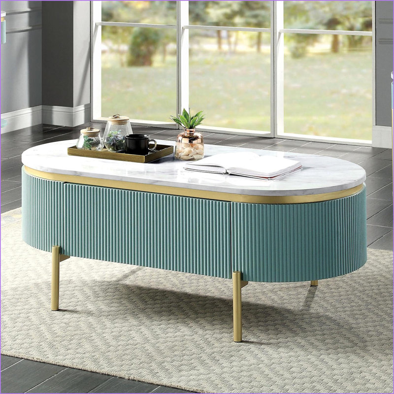 Table basse Glam bleu sarcelle clair avec plateau en faux marbre blanc, tiroir dissimulé et amp; Tablette ouverte