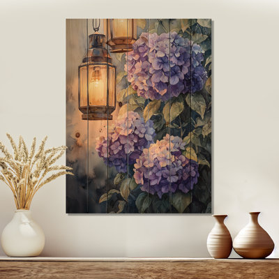 Lanterne d'hortensias dans une lanterne bohème - Art mural en bois d'hortensias - sur bois de pin naturel