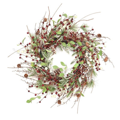 22" Artificial Farmhouse Christmas Day Frozen Foliage Berry Pinecone Birch Winter Wreath For Front Door