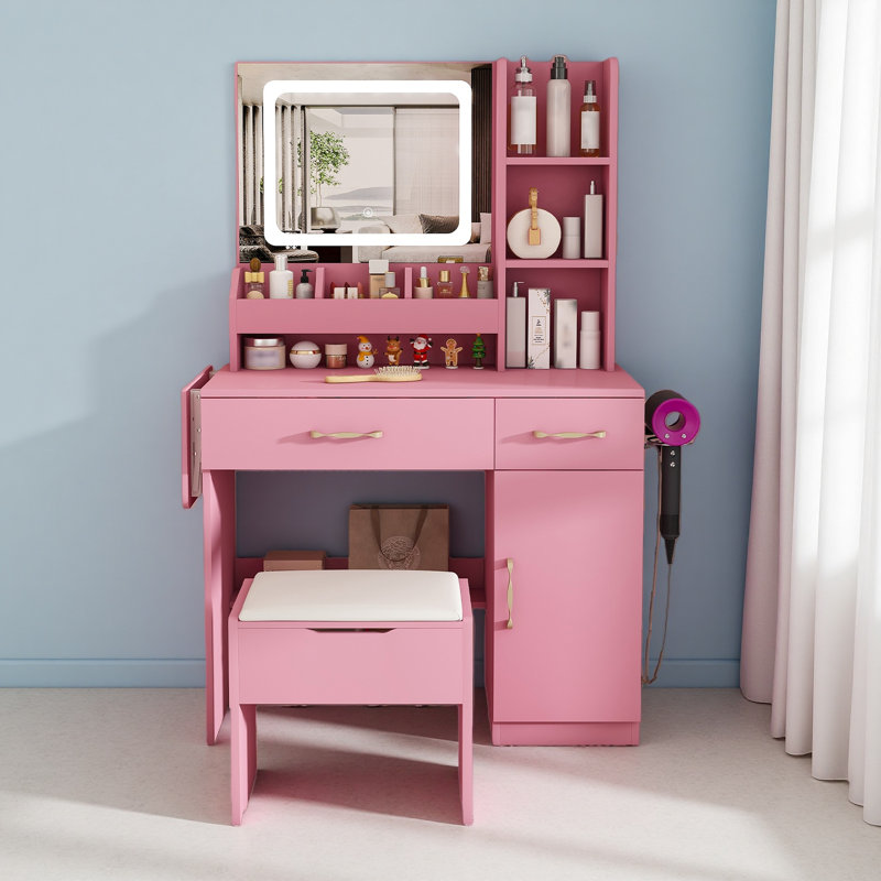 Vanity Desk With LED Mirror Lights And Power Outlet Charging Station, Makeup Dressing Table With 3 Drawers, 7 Shelves And Storage Stool
