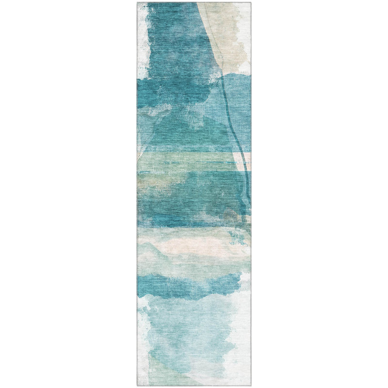 Premium Machine Washable Mayfield Abstract Rug, 2'3" x 7'6" Runner, Teal