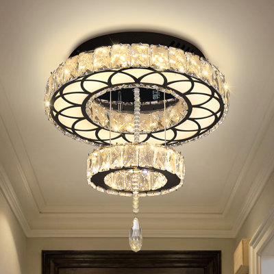 16in Modern Crystal Chandelier Black Flush Mount Chandelier for Living Room Bedroom Dining Room