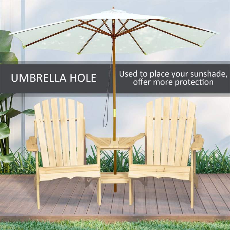 Outsunny Wooden Adirondack Chair For Two, Outdoor Fire Pit Chair Set With Table & Umbrella Hole, Patio Chairs For Deck Lawn Pool Backyard