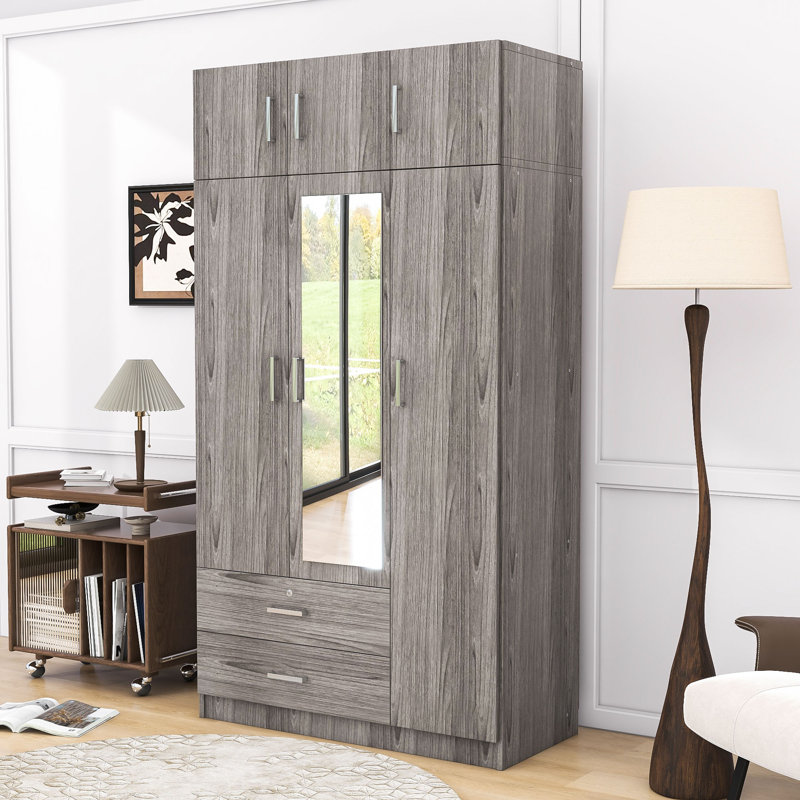 Mhapankar Elegant Freestanding Wardrobe with Full-Length Mirror, Lockable Drawer and Top Cabinet, Gray