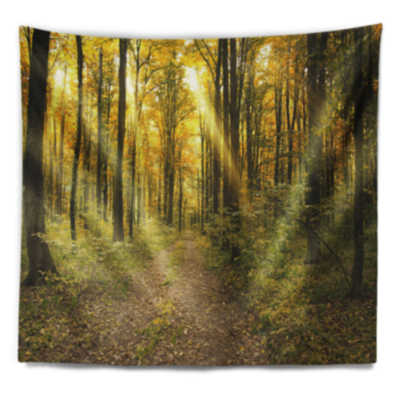 Coucher de soleil sur la tapisserie de la forêt d'automne verte, H 78 po x l 92 po